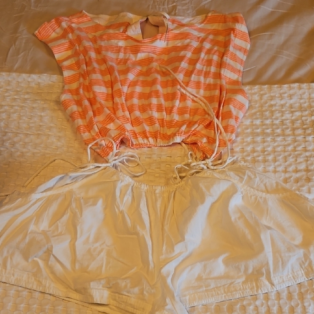 Striped Pink and White Crop Top with White Shorts Romper Xl